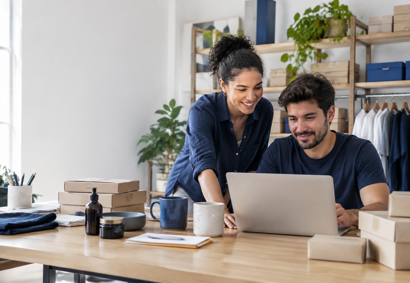 Empreendedores organizando produtos e analisando sua loja online
